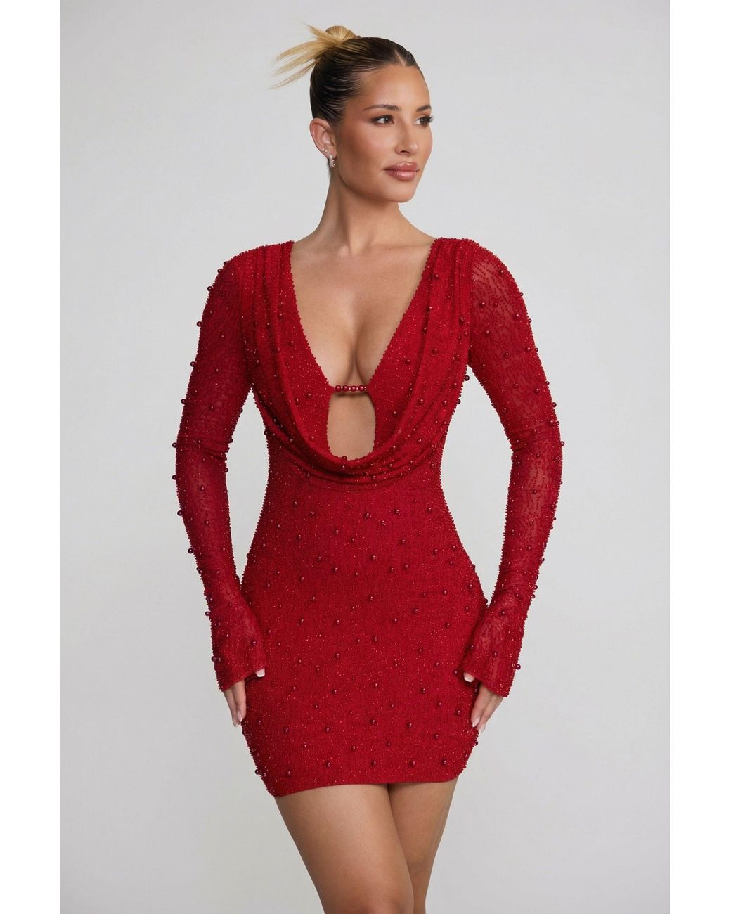 Oh Polly Red Long Sleeve Deep Plunge Mini Dress