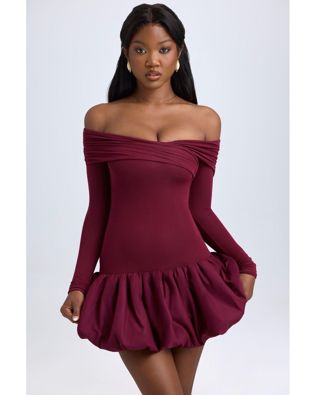 Oh Polly Red Modal Off-Shoulder Bubble Hem Mini Dress