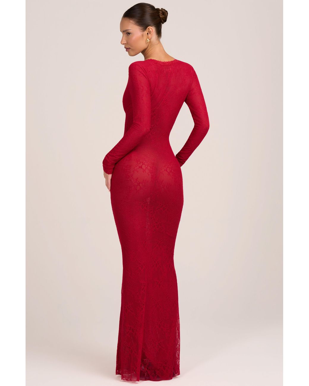 Oh Polly Red Lace Long-Sleeve Maxi Dress
