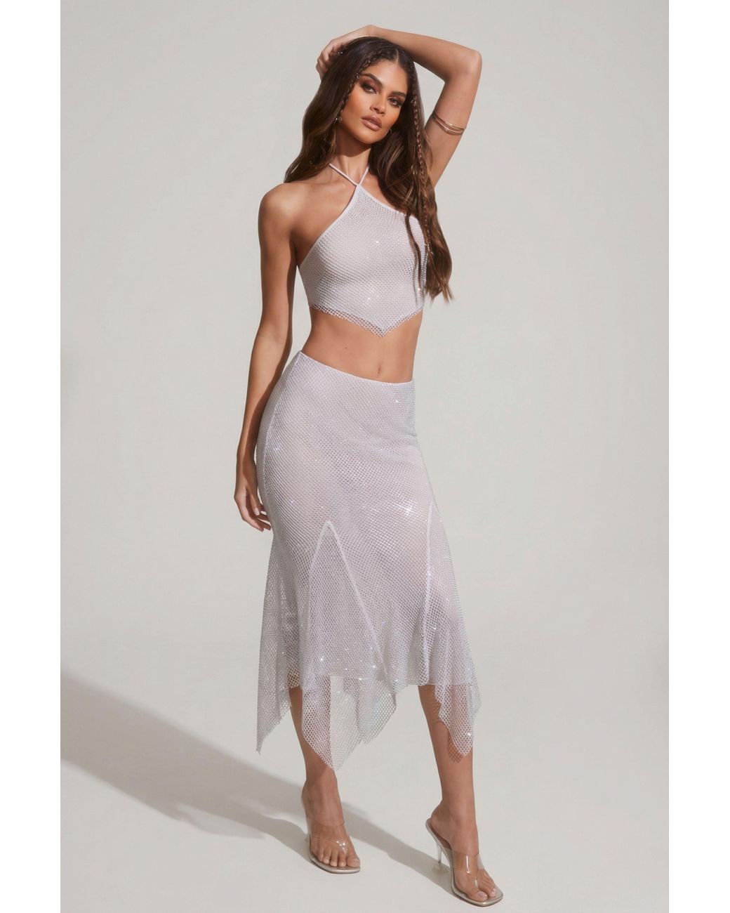 Oh Polly Metallic Embellished Handkerchief Hem Midaxi Skirt