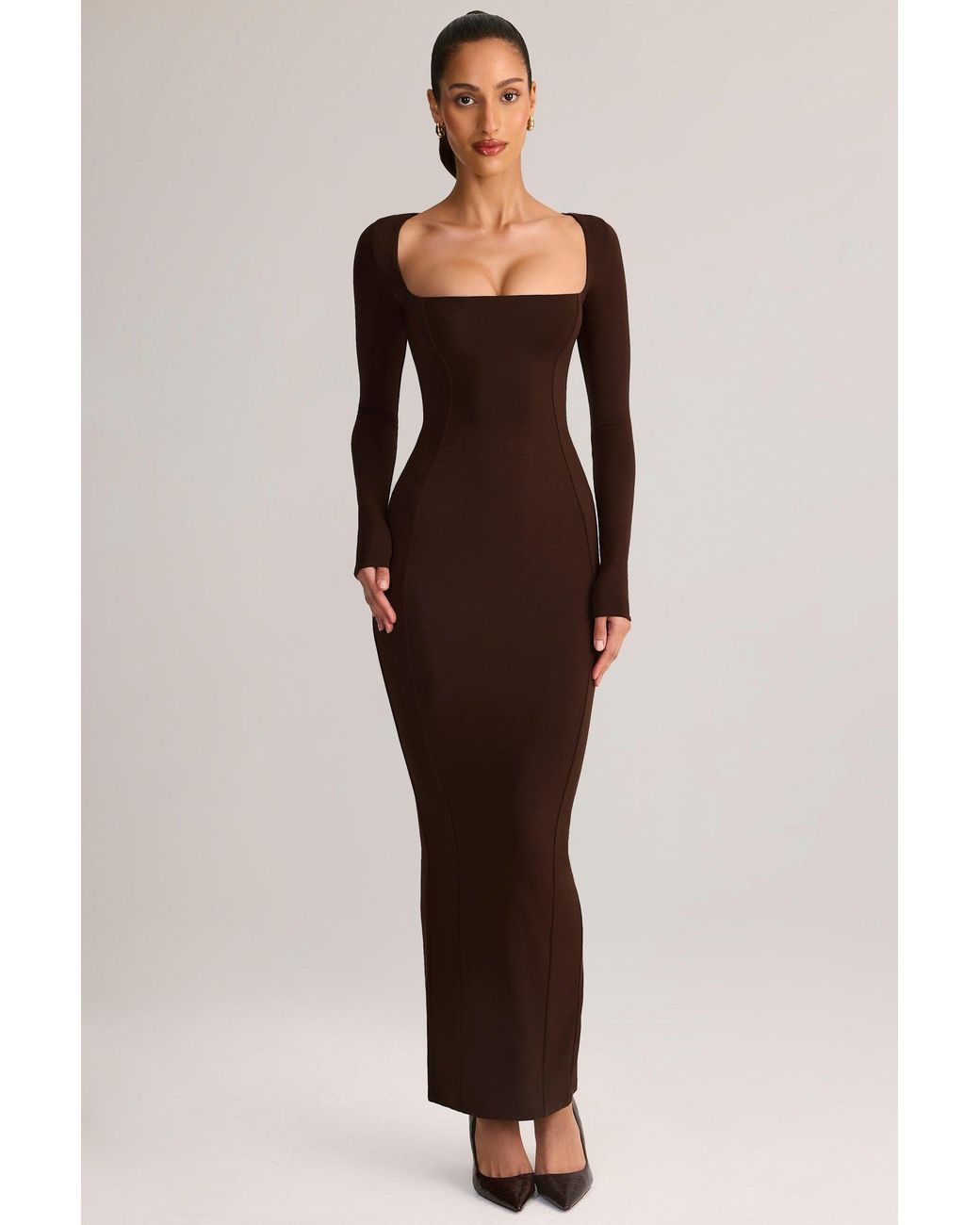 Oh Polly Brown Modal Square-Neck Bodycon Maxi Dress