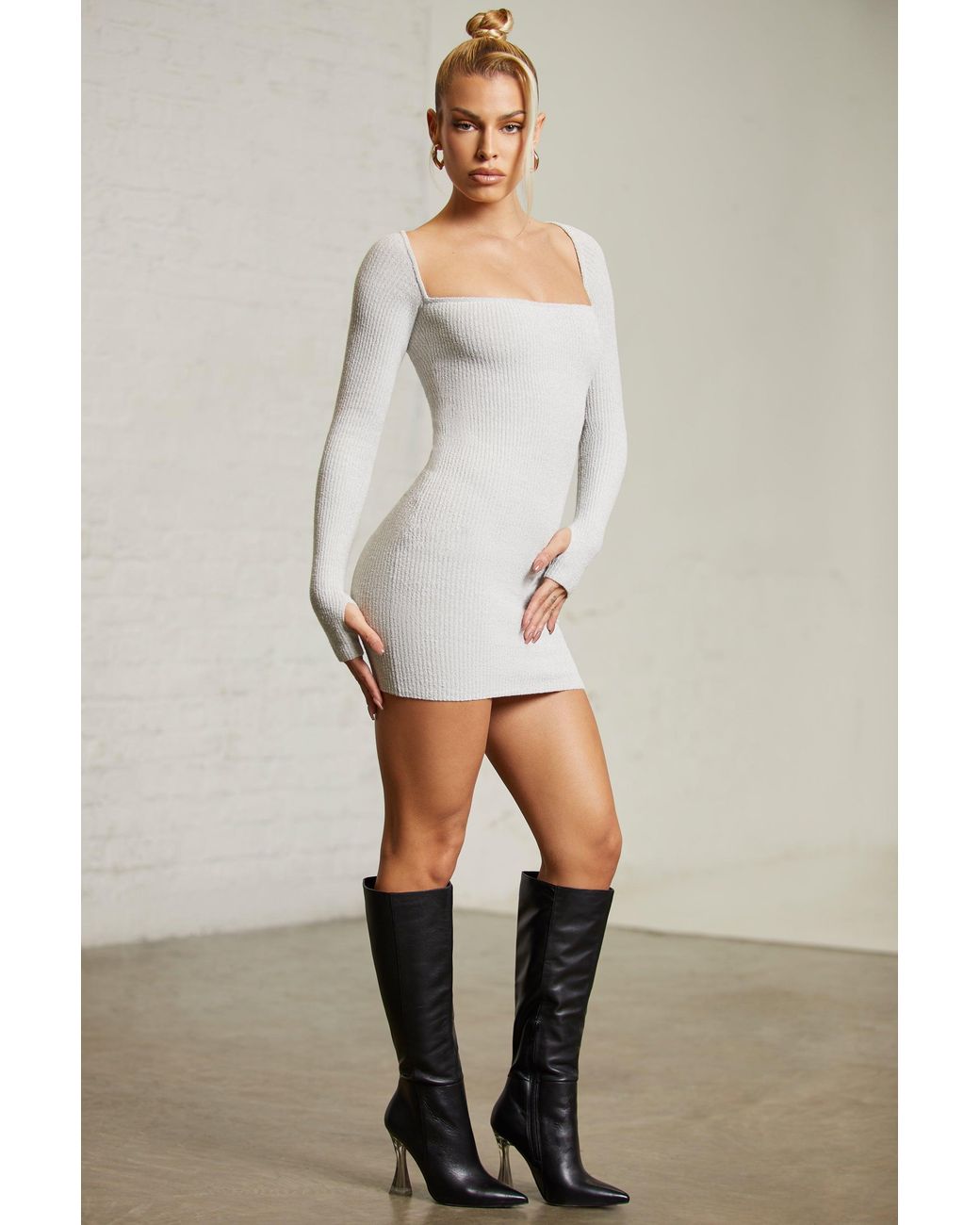 Oh Polly Gray Long Sleeve Square Neck Mini Dress