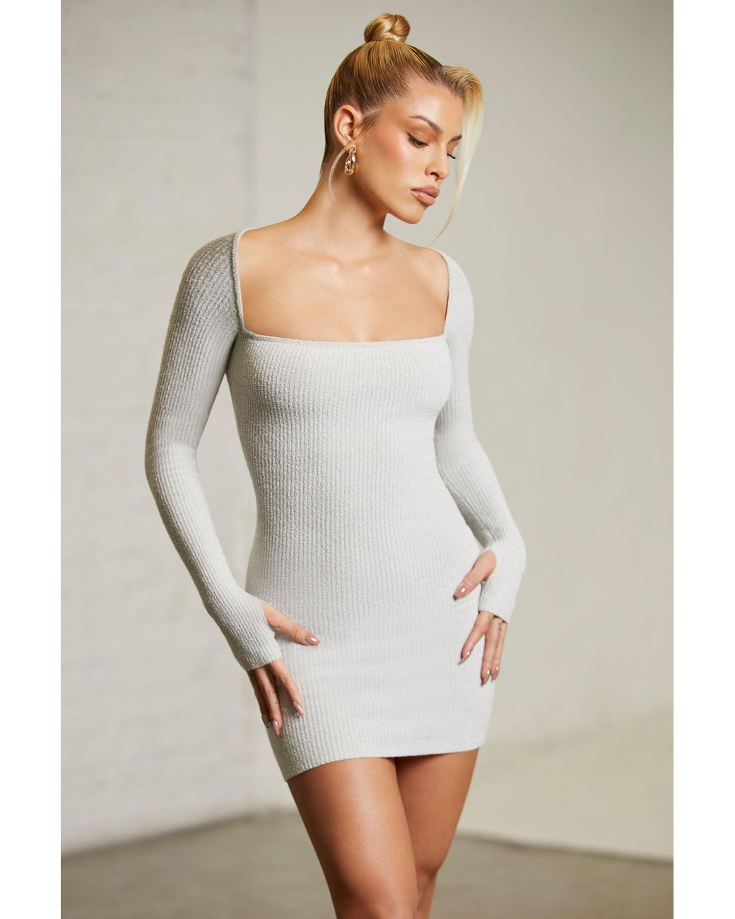 Oh Polly Gray Long Sleeve Square Neck Mini Dress