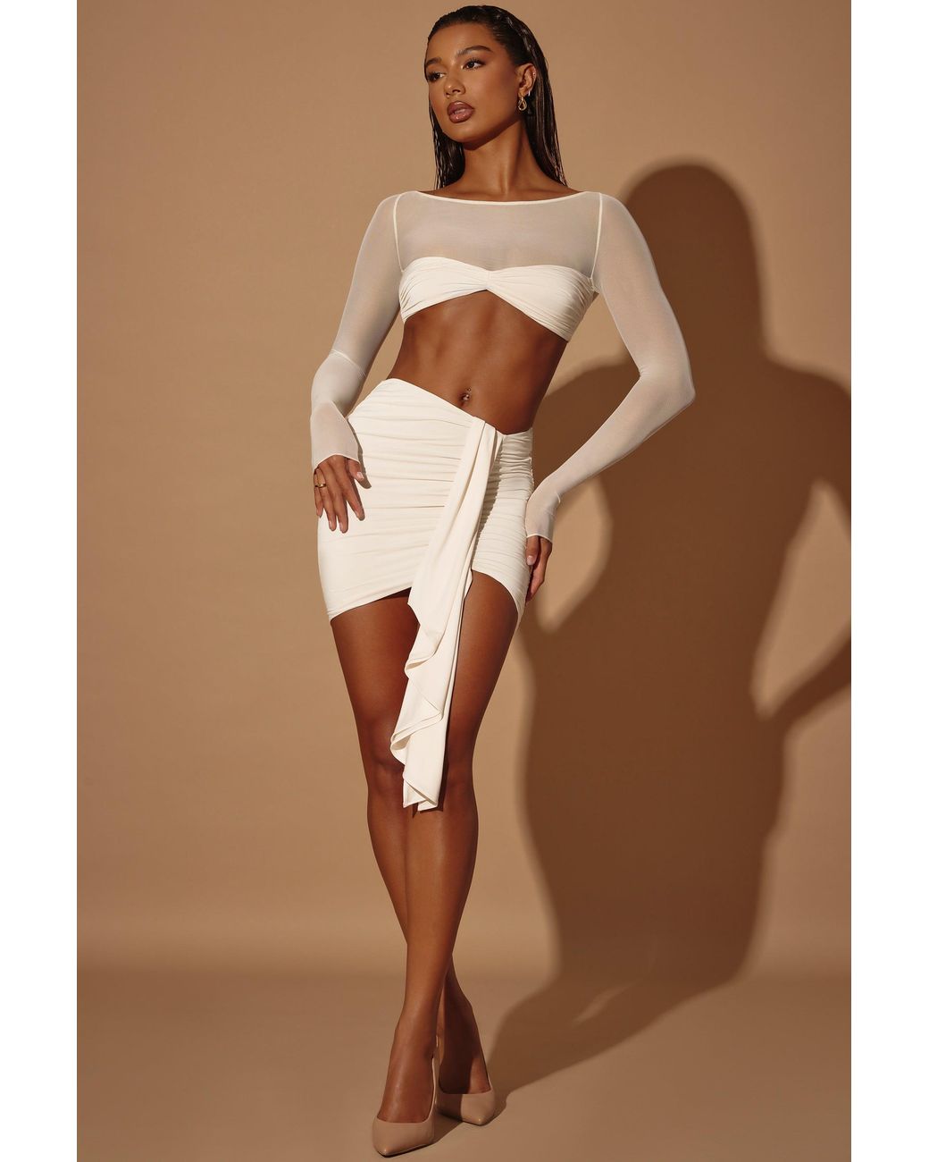 Oh Polly White Sheer Panelled Long Sleeve Crop Top