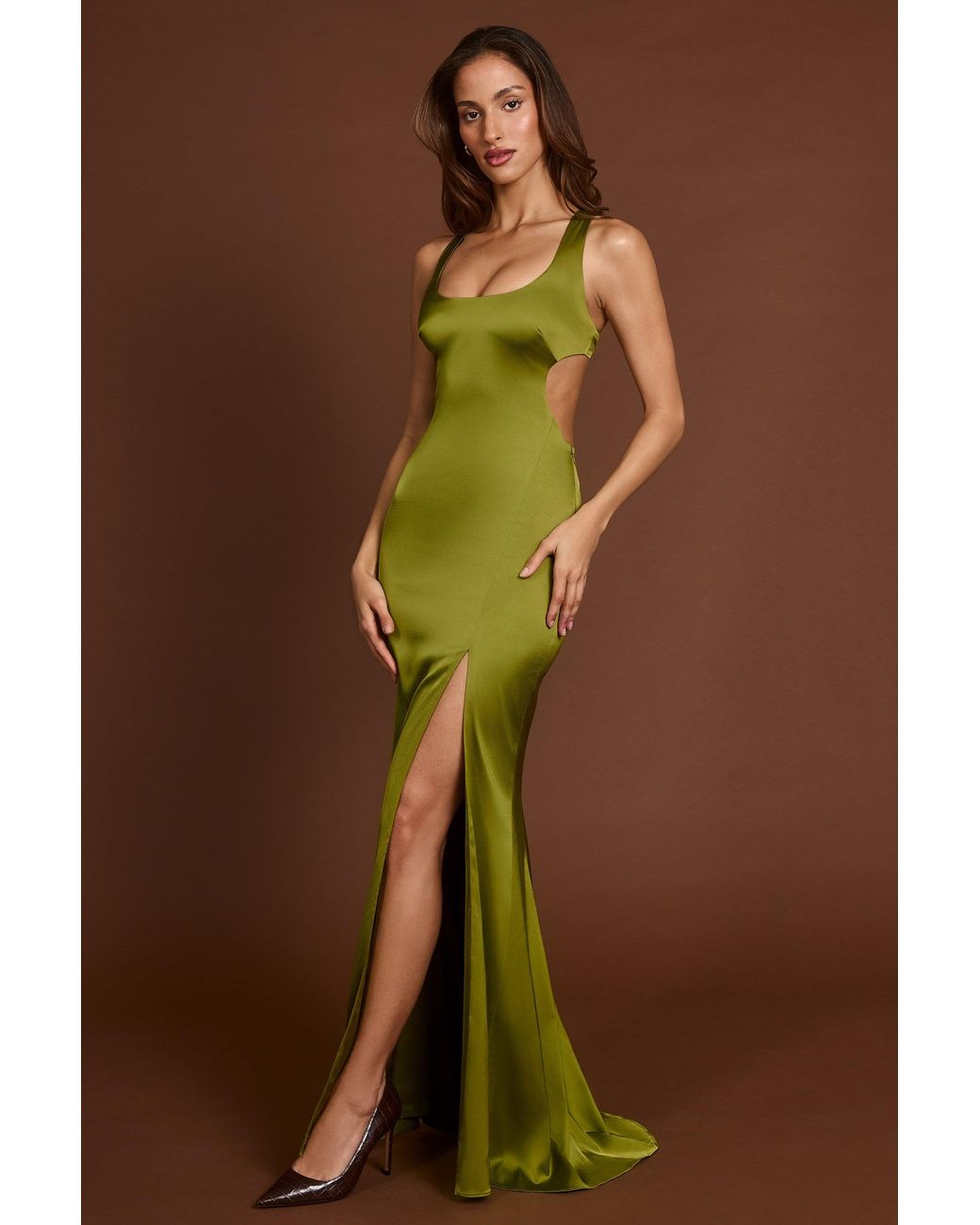 Oh Polly Green Scoop-Neck Lace-Up Back Maxi Dress