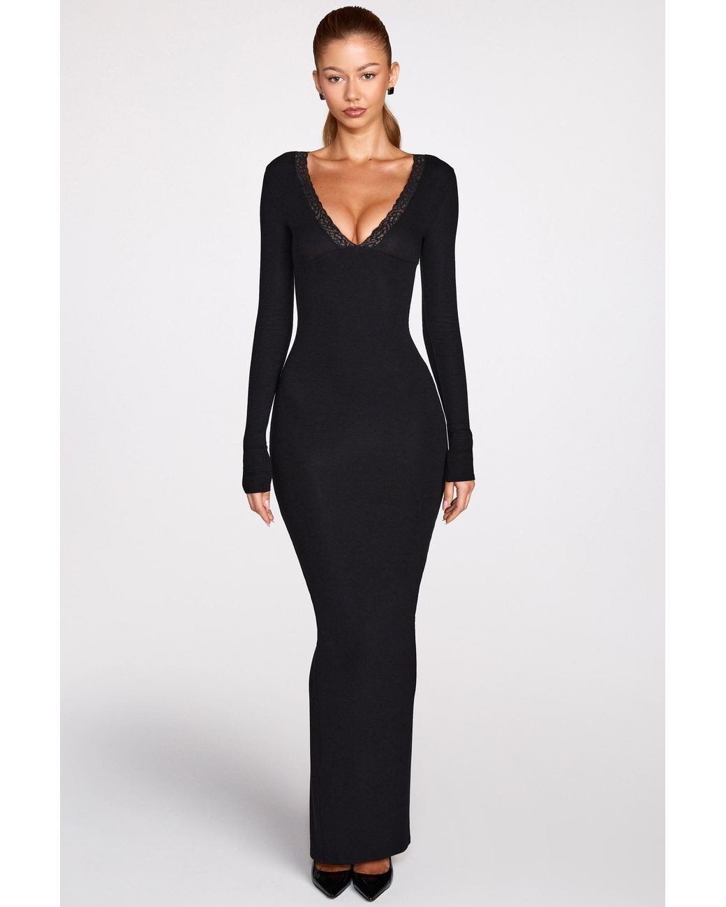 Oh Polly Black Ribbed Modal Long-Sleeve Plunge Maxi Dress