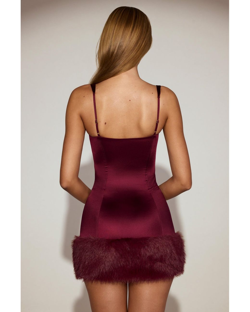 Oh Polly Red Satin Square-Neck Corset Faux-Fur Mini Dress