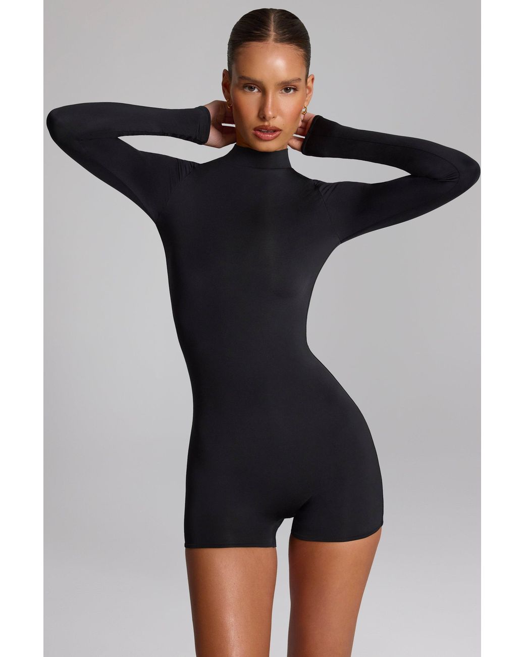 Oh Polly Black Slinky Jersey Long-Sleeve Playsuit