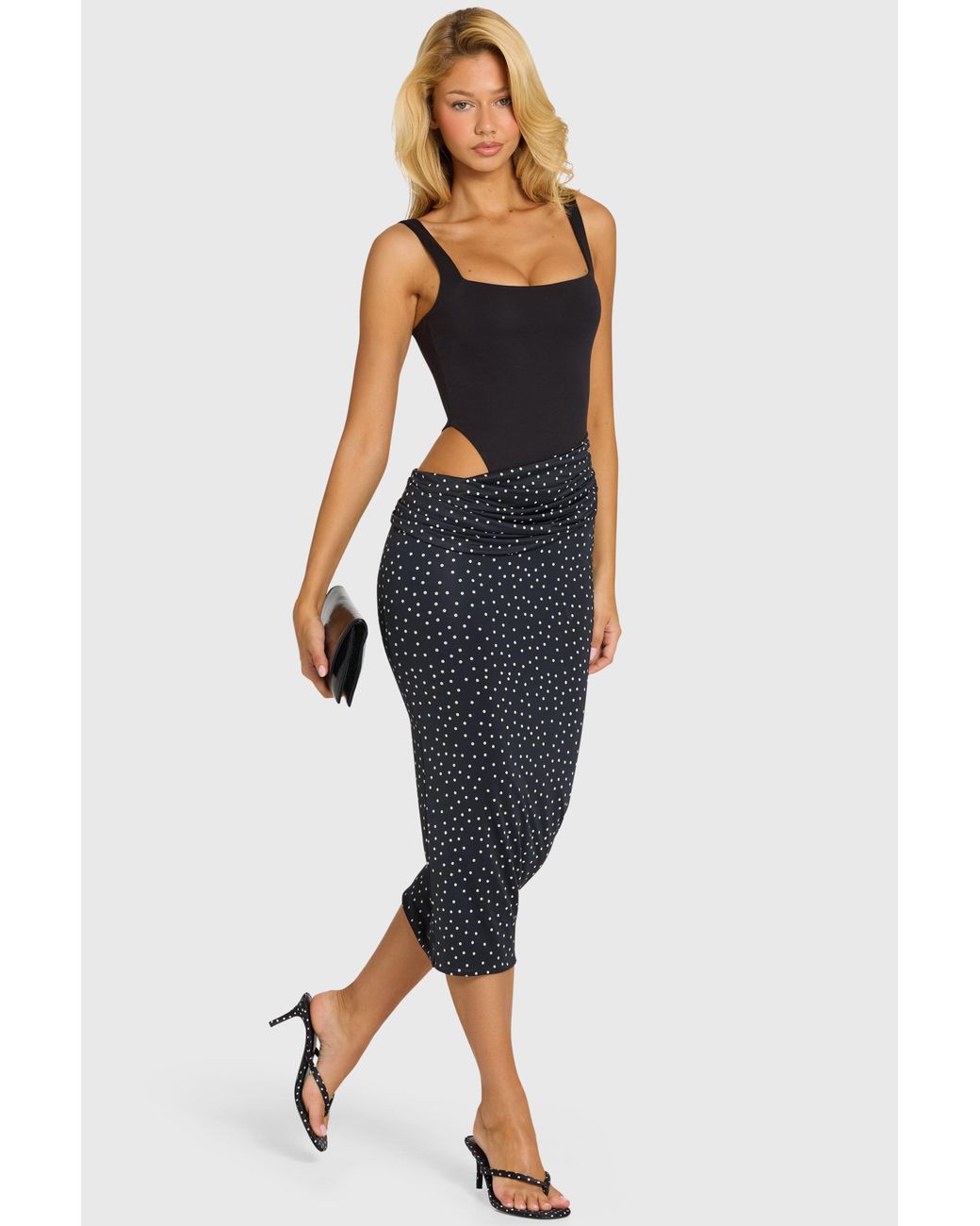 Oh Polly Black Bodice Draped Midi Dress