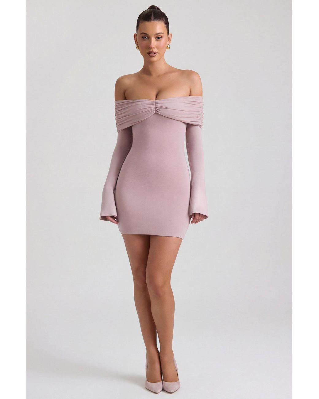 Oh Polly Natural Modal-Cashmere Blend Off-Shoulder Ruched Mini Dress