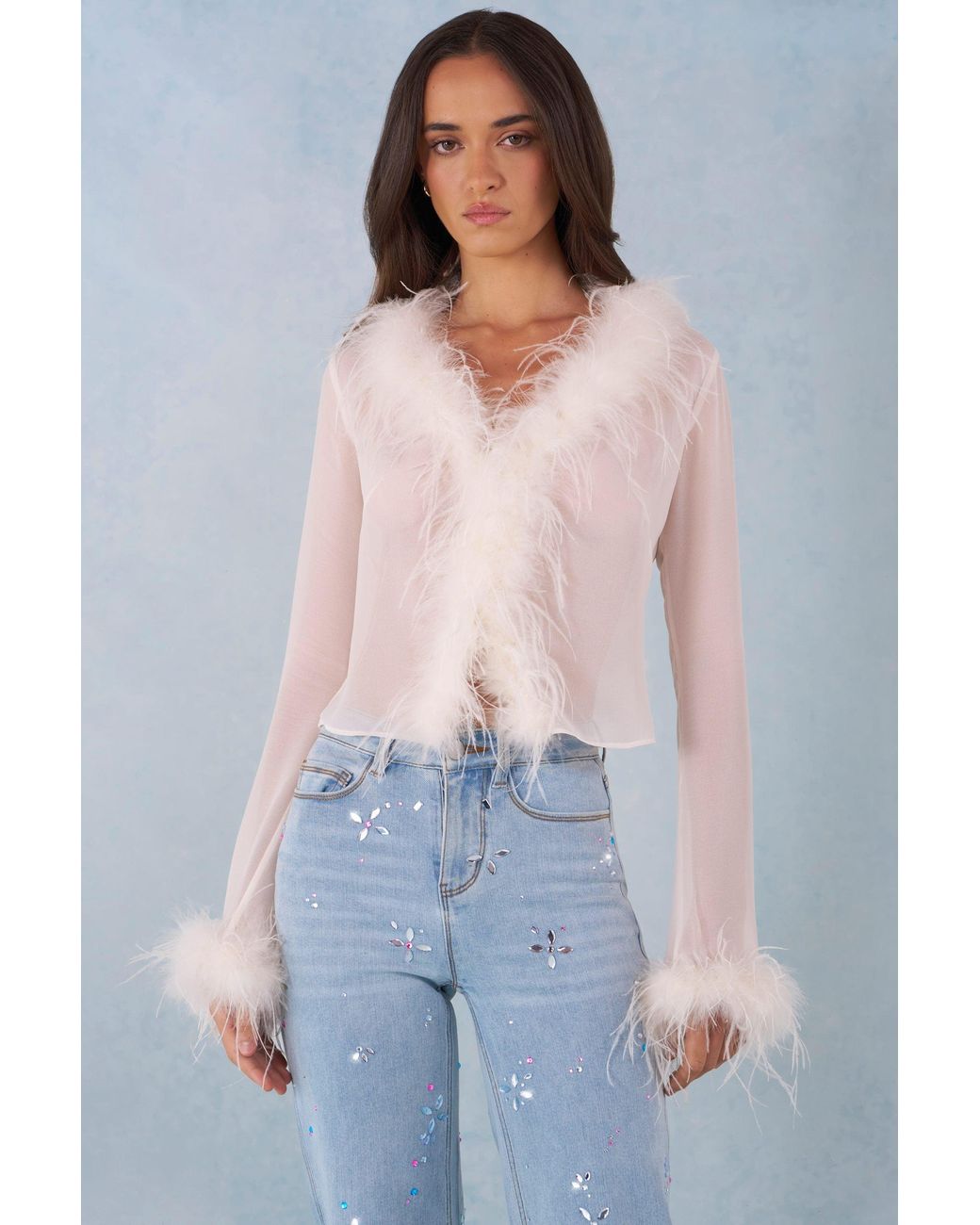 Oh Polly White Feather Trim Sheer Top