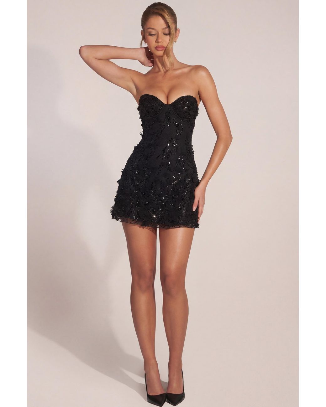 Oh Polly Black Embellished Appliqué Sweetheart Mini Dress