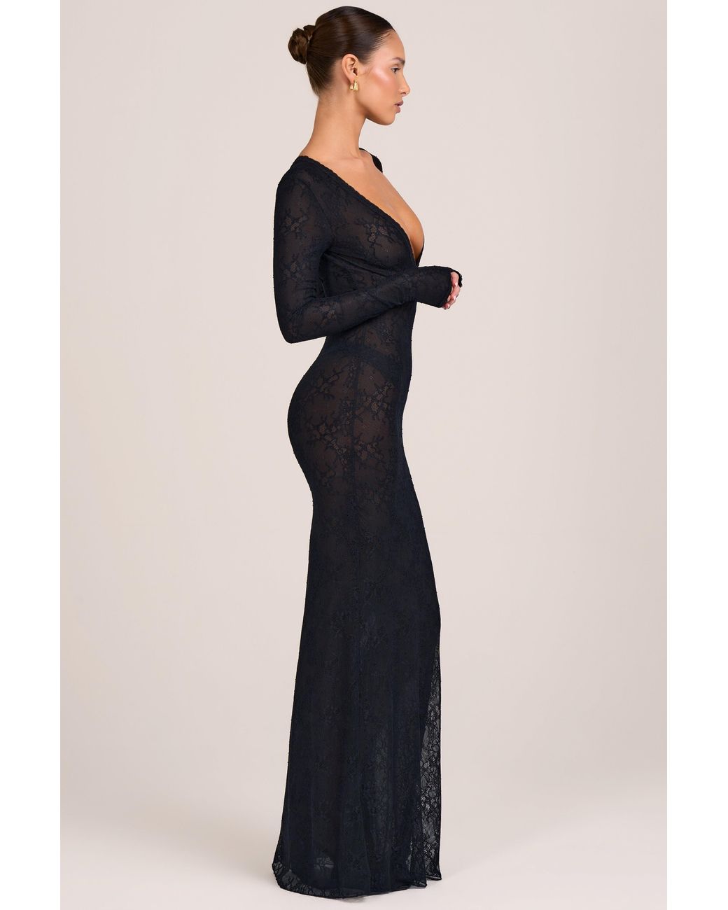 Oh Polly Black Lace Long-Sleeve Maxi Dress