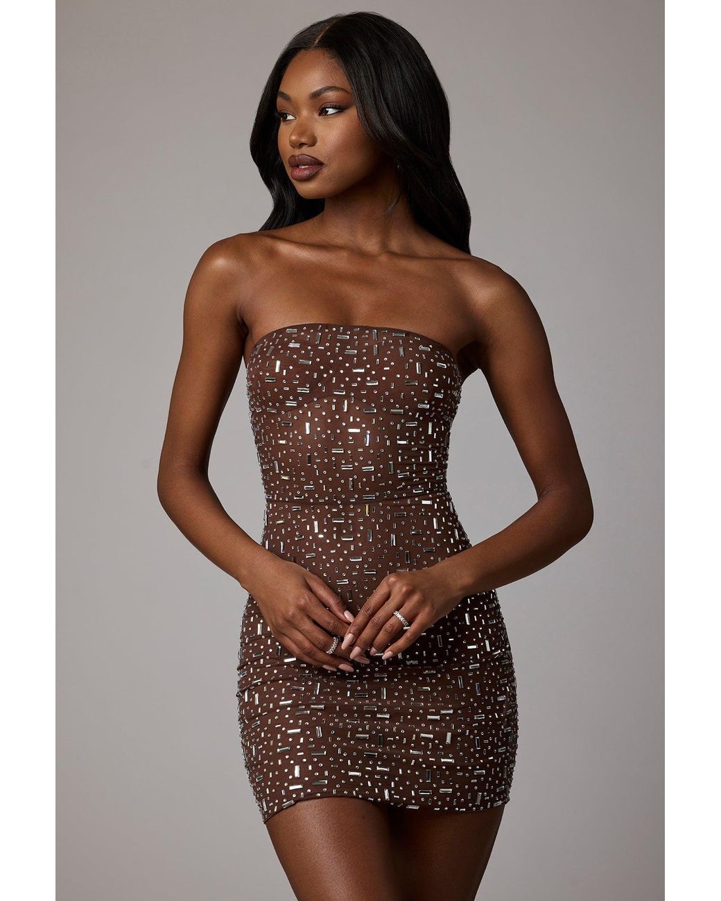 Oh Polly Brown Sheer Embellished Bodycon Mini Dress