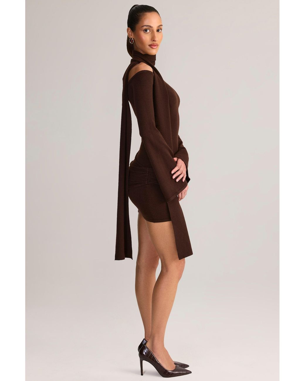 Oh Polly Brown Knit Scarf-Detail Off-Shoulder Mini Dress