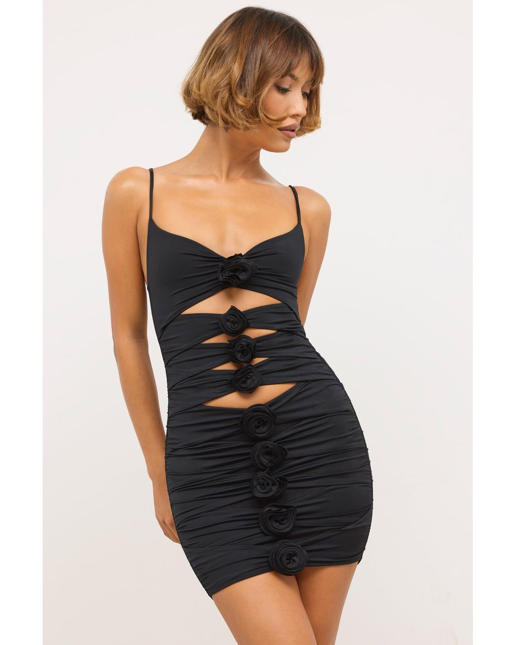 Oh Polly Black Slinky Jersey Rose Detail Cut Out Mini Dress