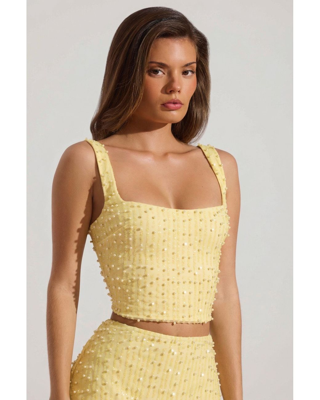 Oh Polly Yellow Embellished Square-Neck Crop Top