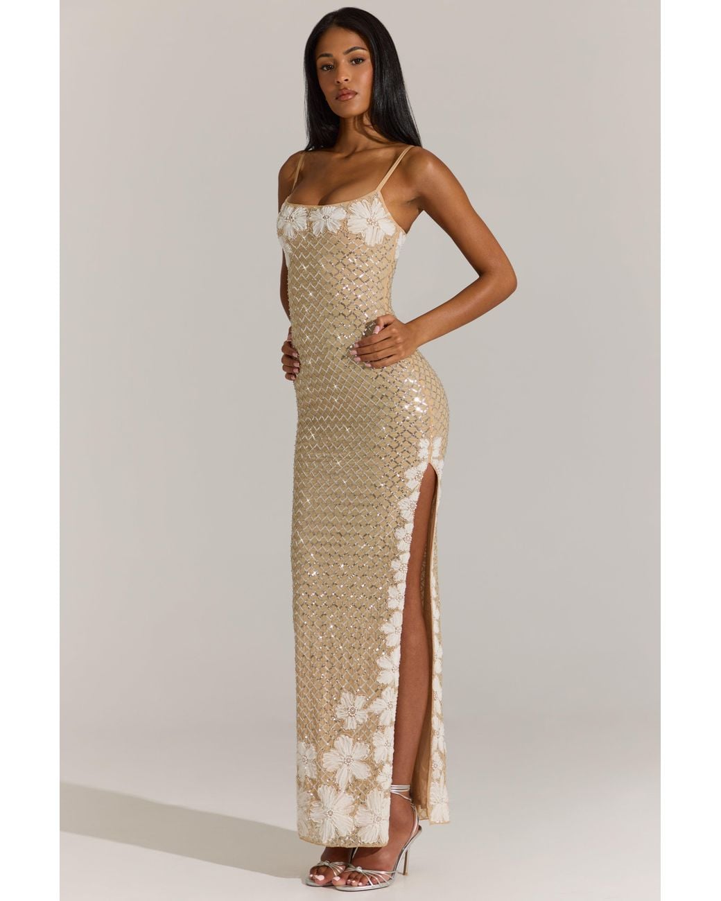 Oh Polly Metallic Embellished Square-Neck Maxi Dress