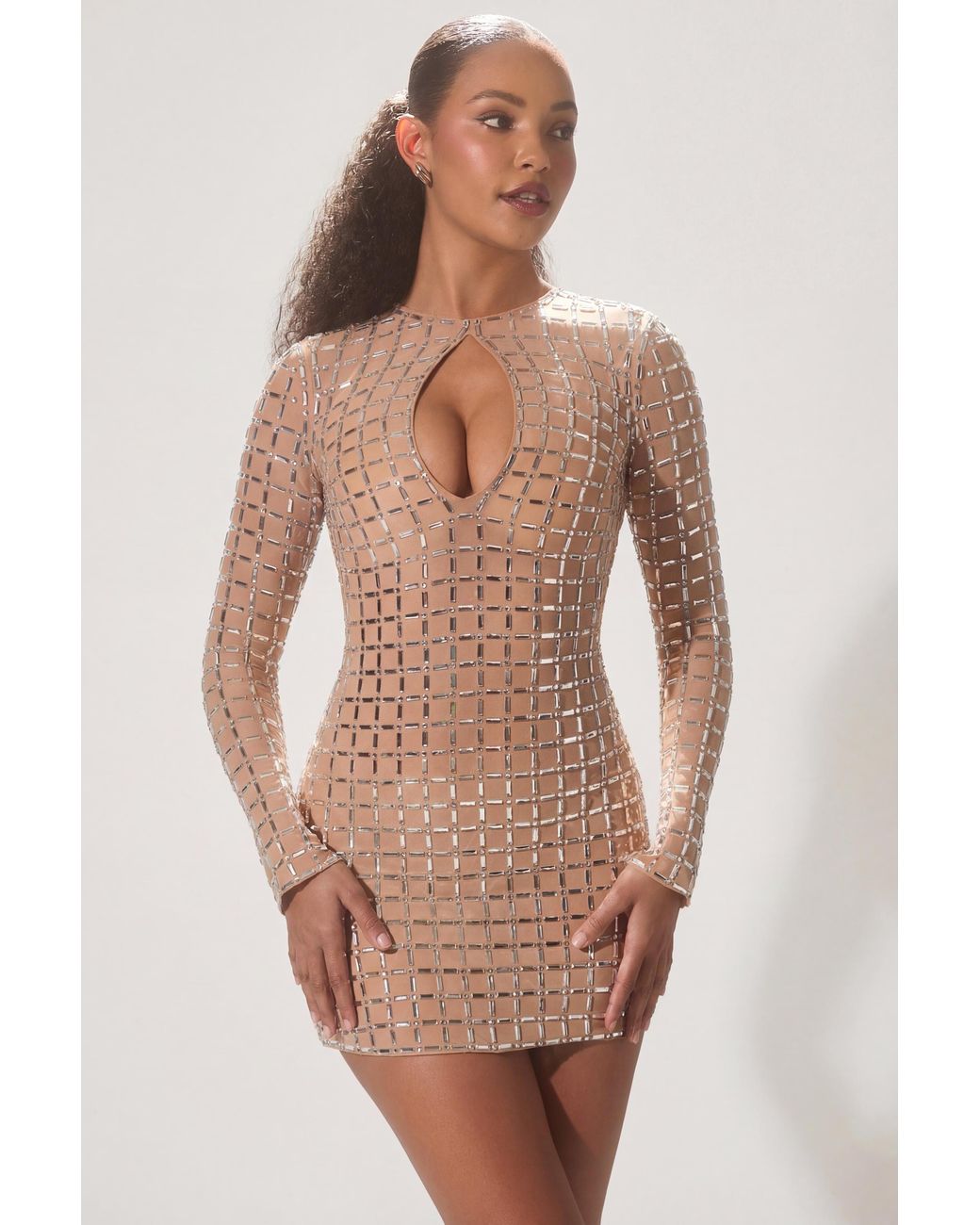 Oh Polly Natural Embellished Semi-Sheer Cut-Out Mini Dress