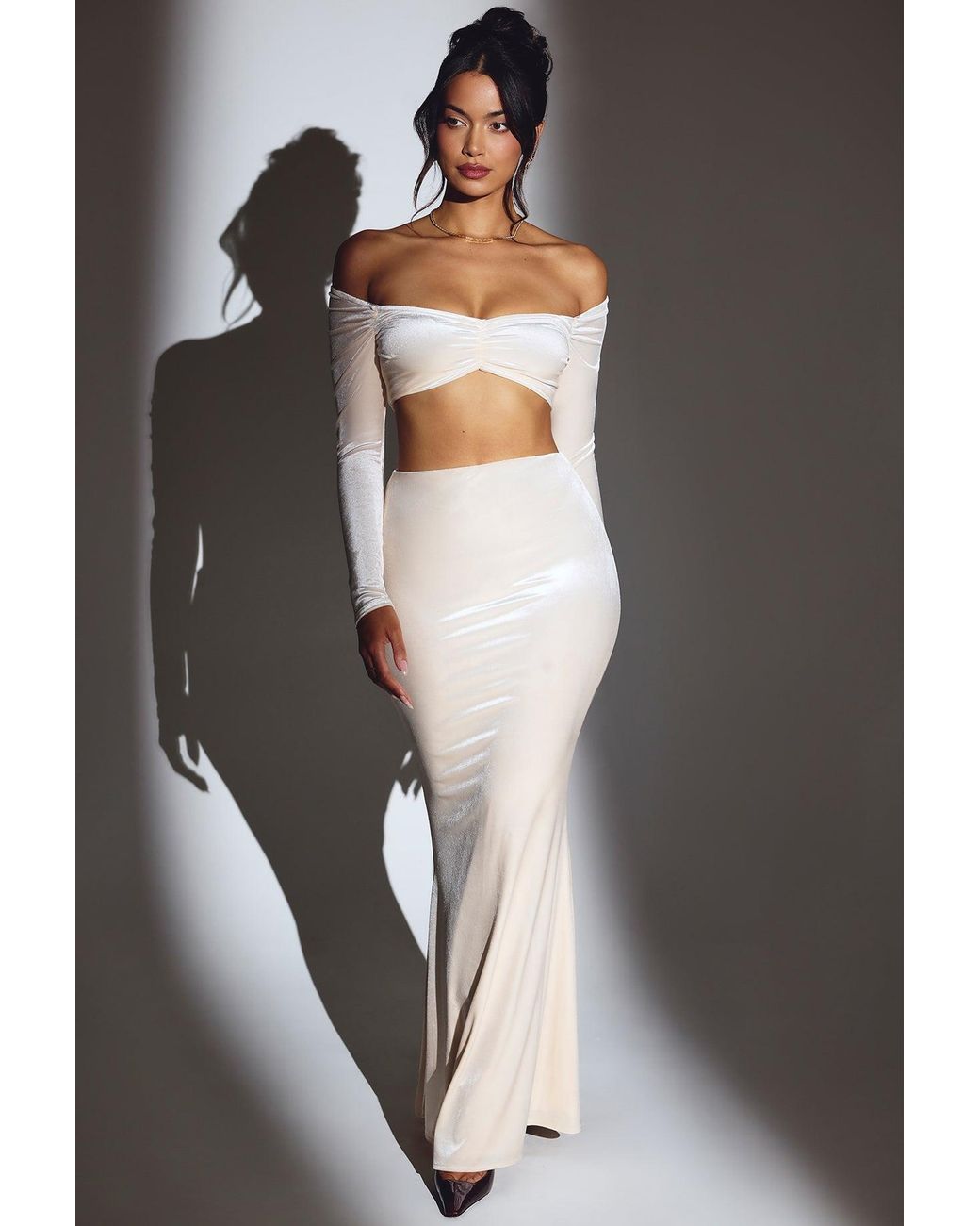 Oh Polly White Velvet Off-Shoulder Ruched Crop Top