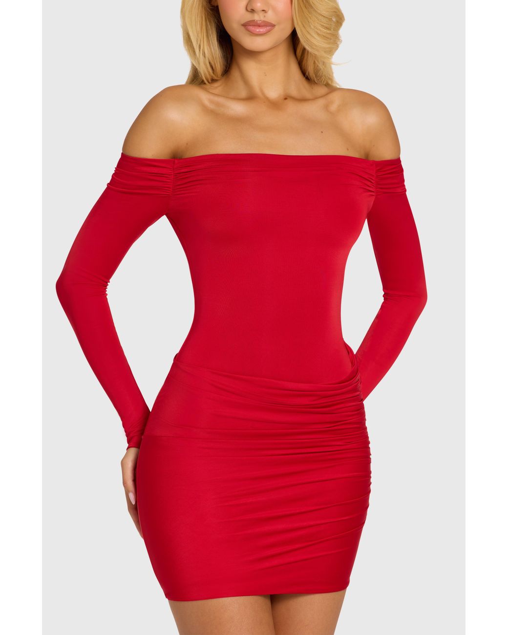 Oh Polly Red Off-Shoulder Long-Sleeve Mini Dress