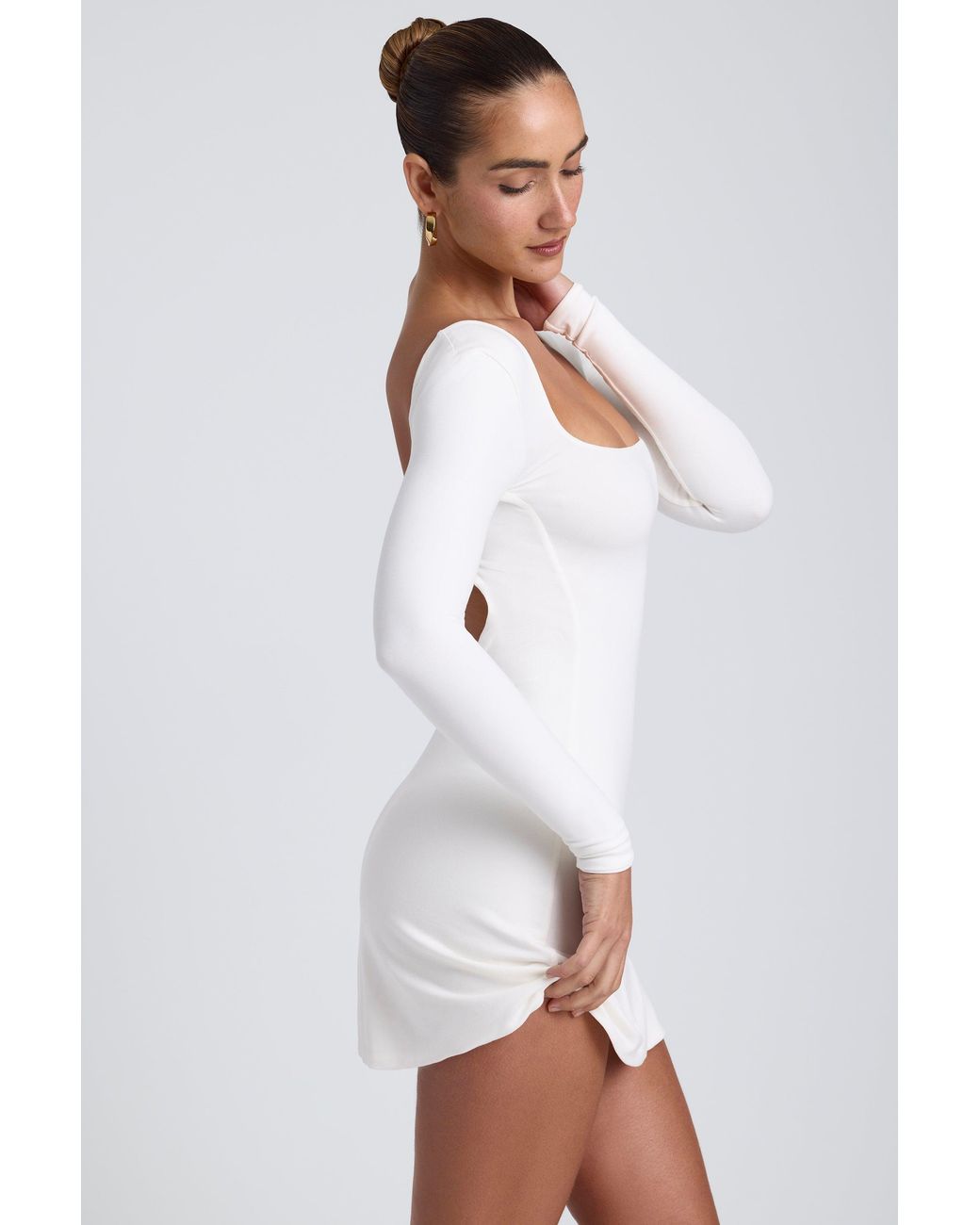 Oh Polly White Modal Square Neck Long Sleeve Mini Dress