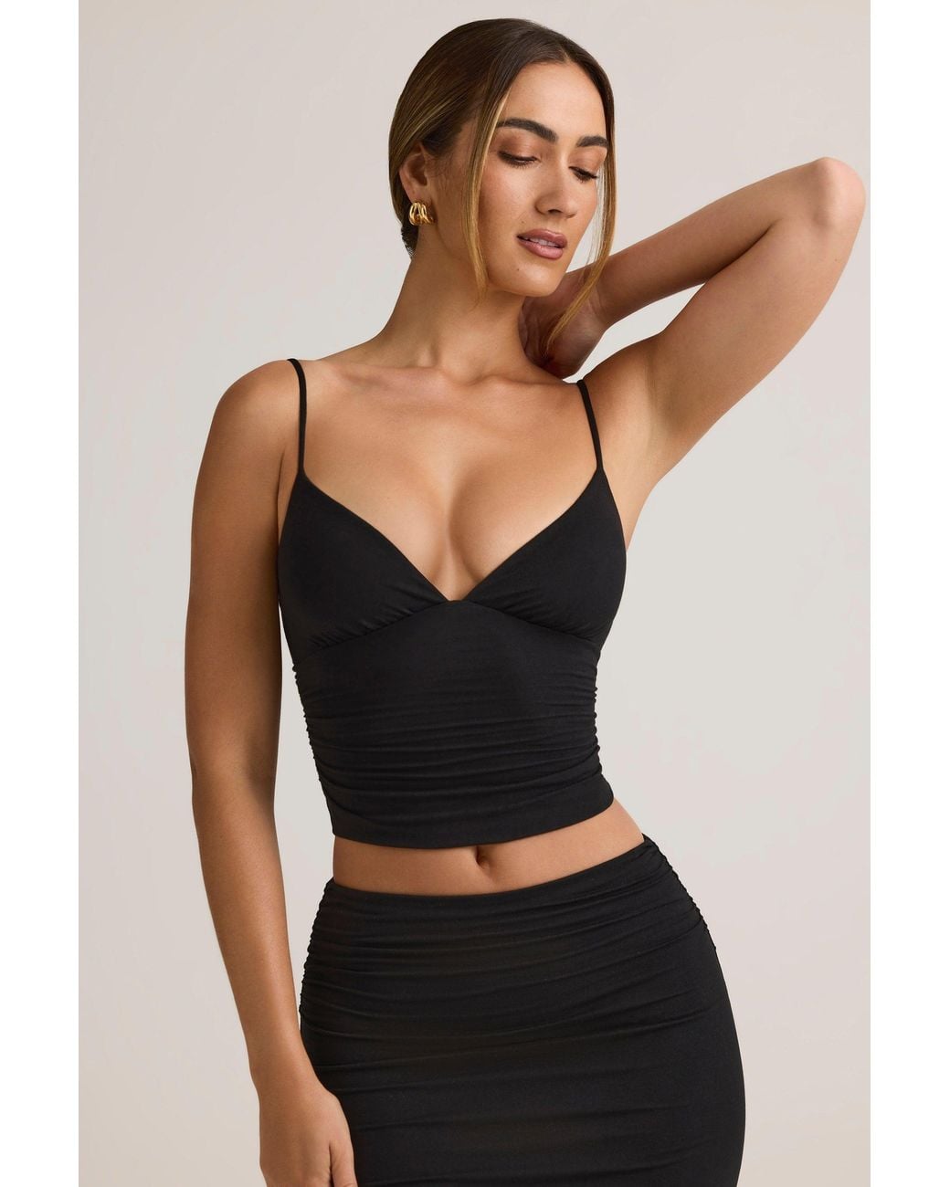 Oh Polly Black Modal V-Neck Ruched Camisole Top