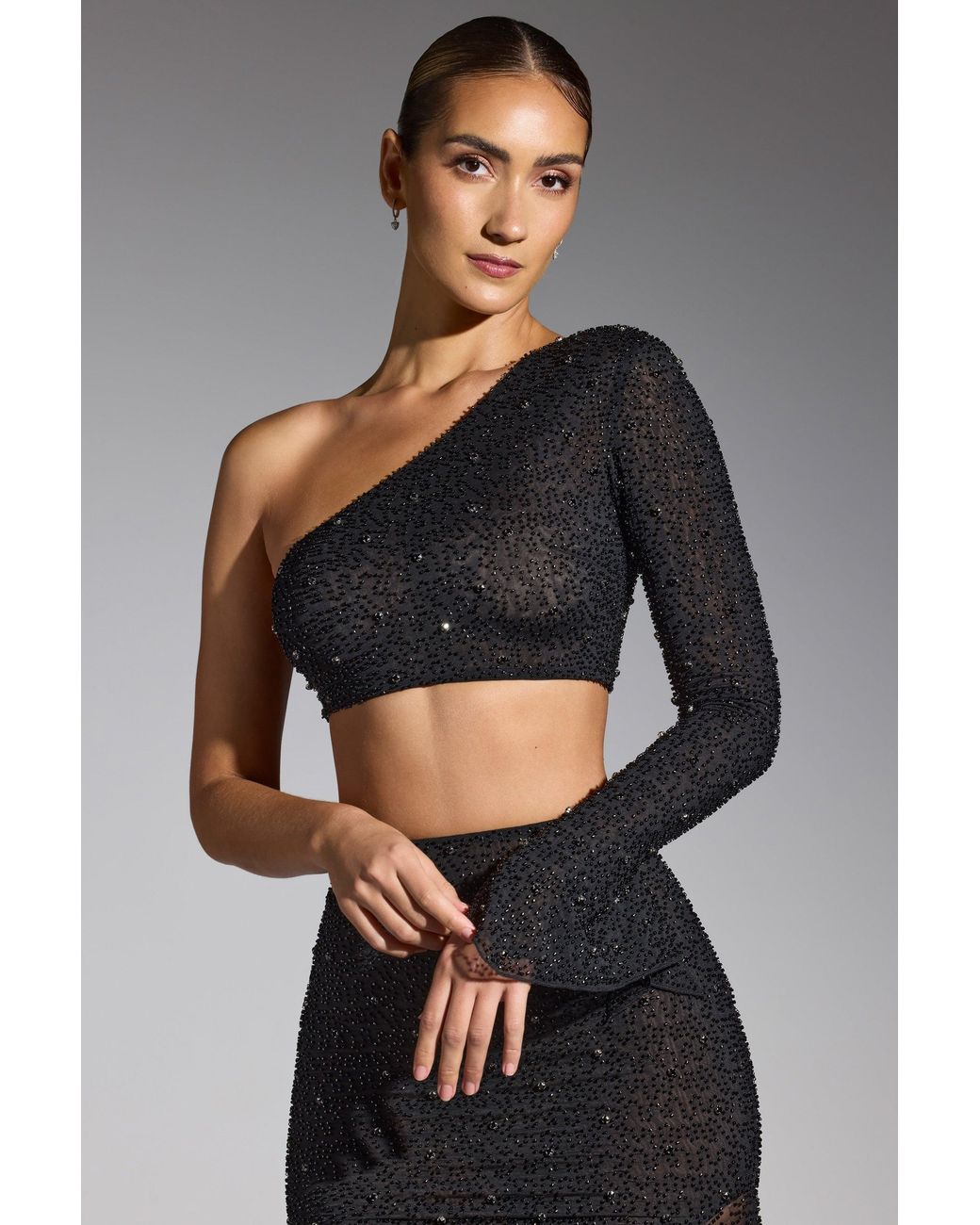 Oh Polly Black Embellished One Shoulder Top