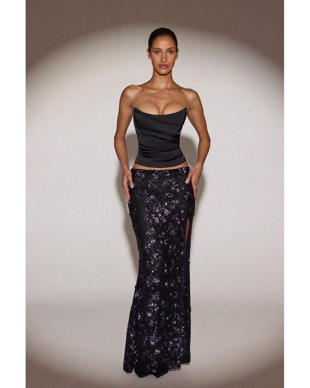 Oh Polly Black Embellished Mid-Rise Thigh-Split Maxi Skirt