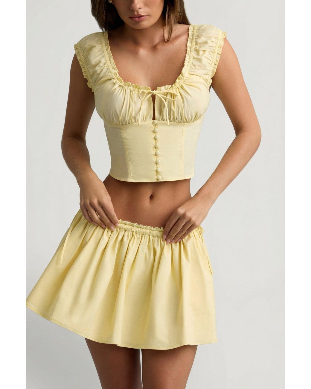 Oh Polly Yellow Ruched Cotton-Poplin Mini Skirt