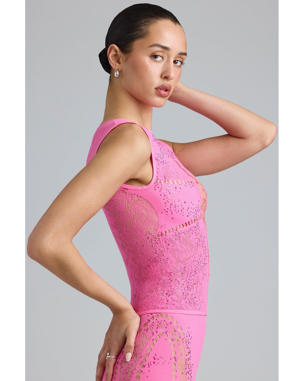 Oh Polly Pink Embellished Lace-Up High-Neck Top