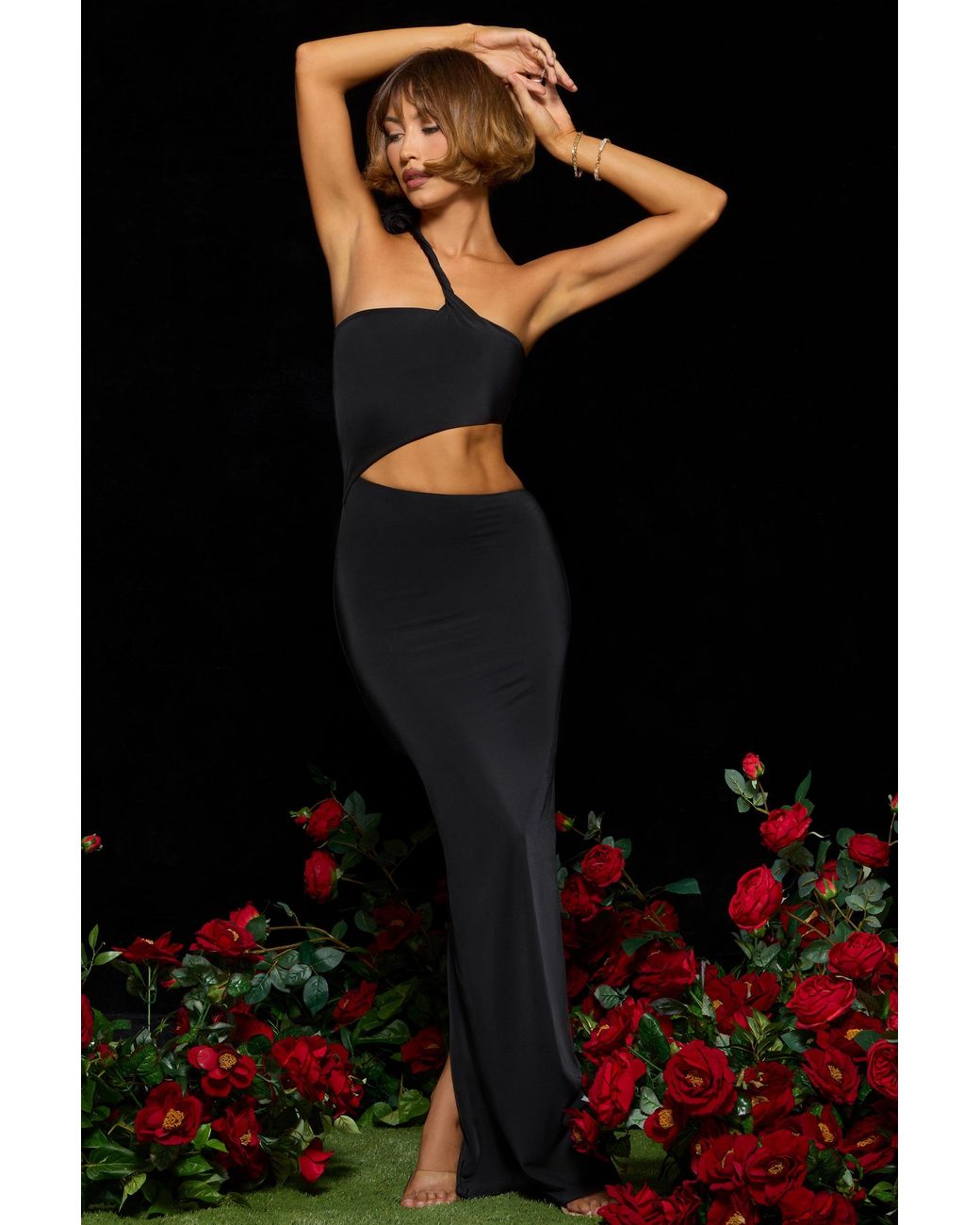 Oh Polly Black Jersey Asymmetric Cut Out Maxi Dress