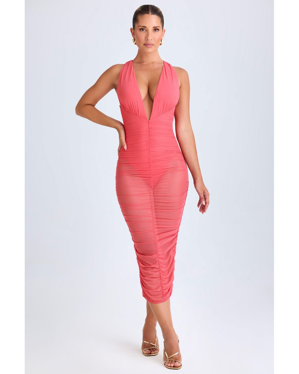 Oh Polly Pink Ruched Plunge Midaxi Dress