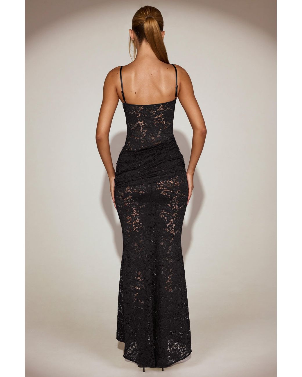 Oh Polly Black Sheer Lace Square-Neck Ruched Gown