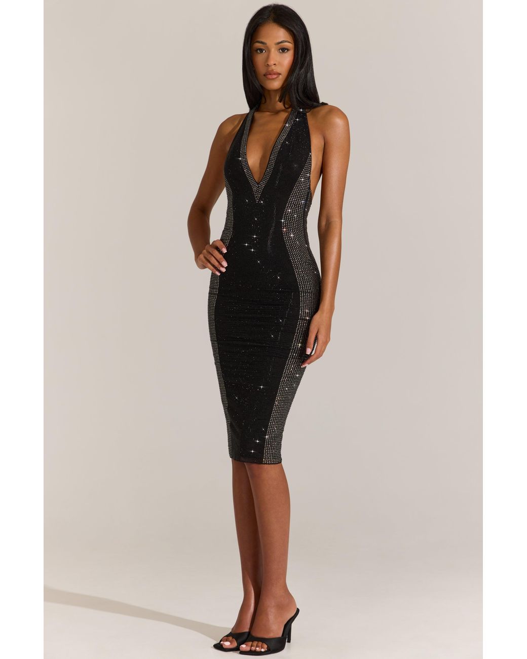 Oh Polly Black Embellished Plunge Halterneck Midi Dress