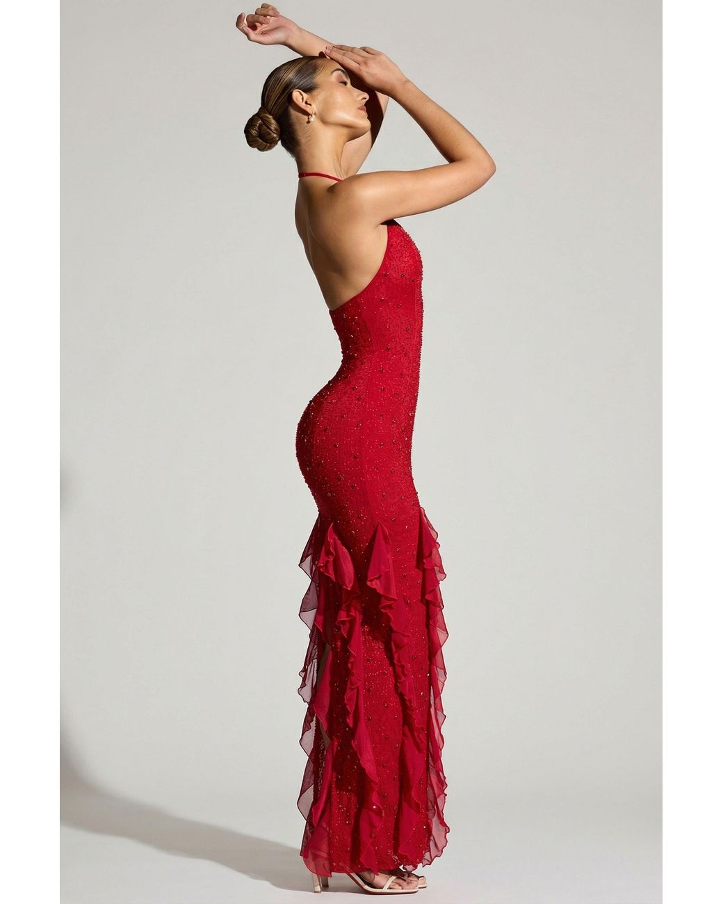 Oh Polly Red Embellished Halter Neck Ruffle Maxi Dress