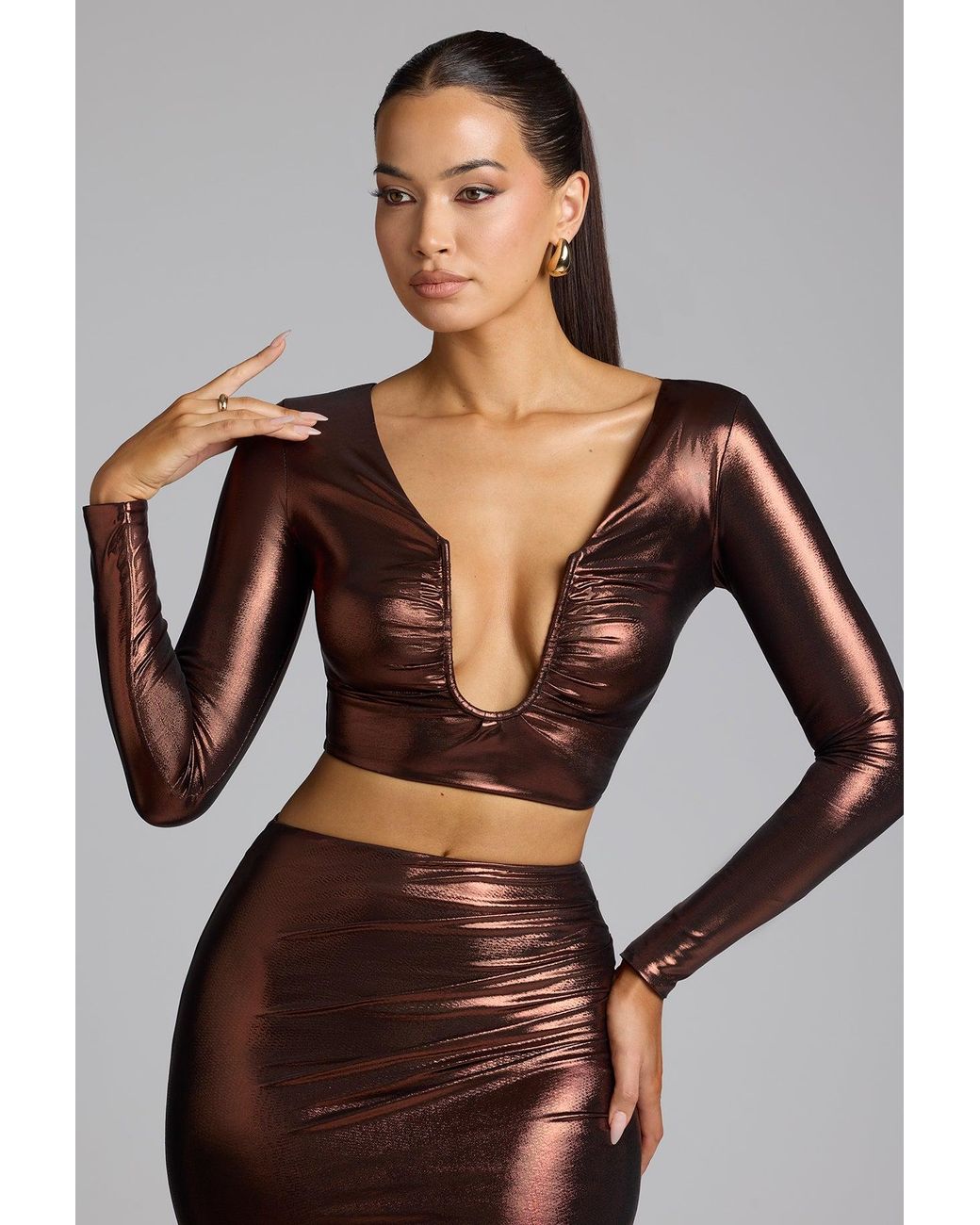 Oh Polly Metallic Plunge Neck Jersey Crop Top