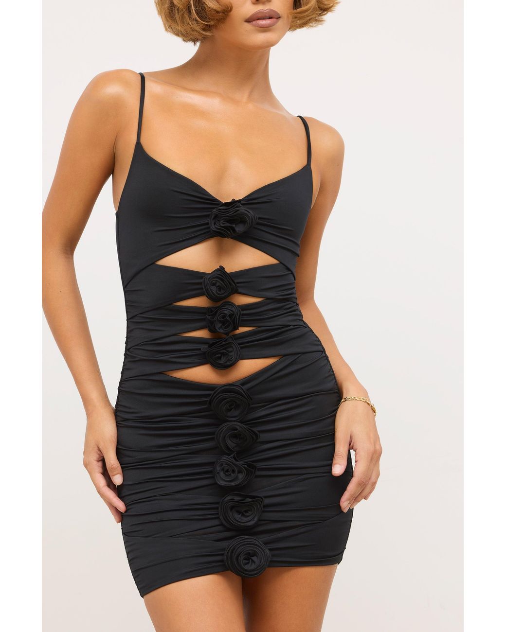Oh Polly Black Slinky Jersey Rose Detail Cut Out Mini Dress