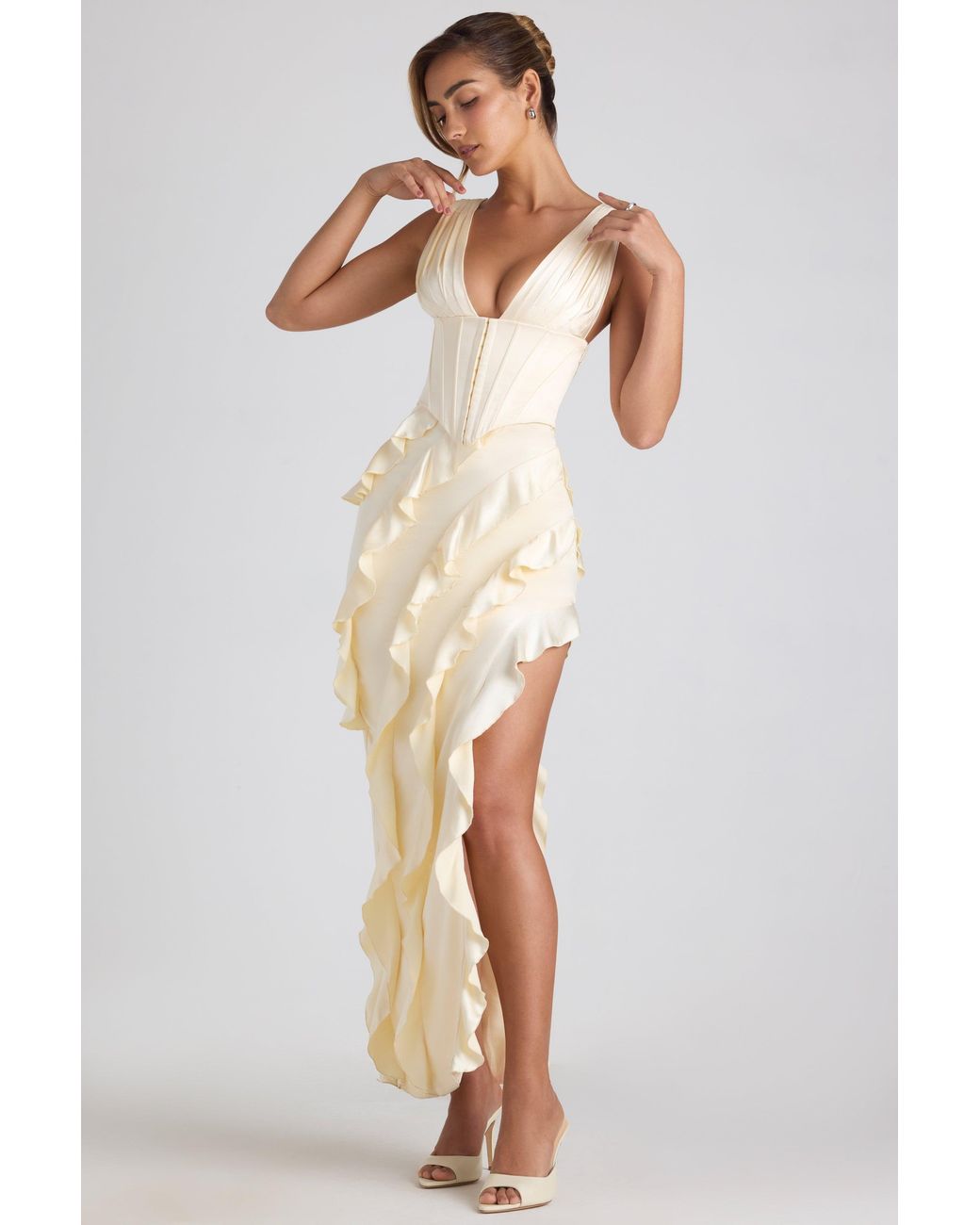Oh Polly White Ruffle-Trim Corset Maxi Dress
