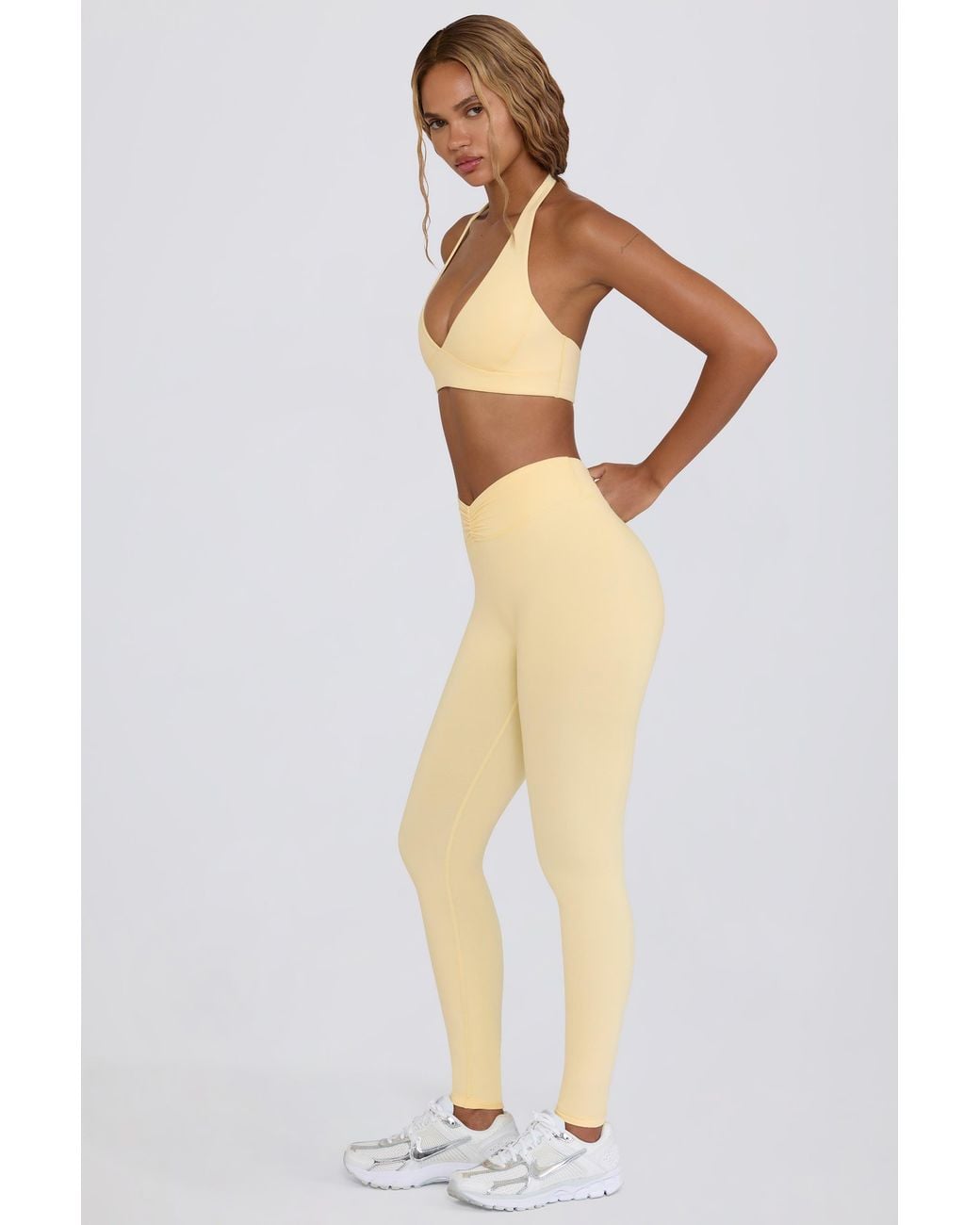 BO+TEE Yellow Brushed Jersey Ruched Mid-Rise Leggings