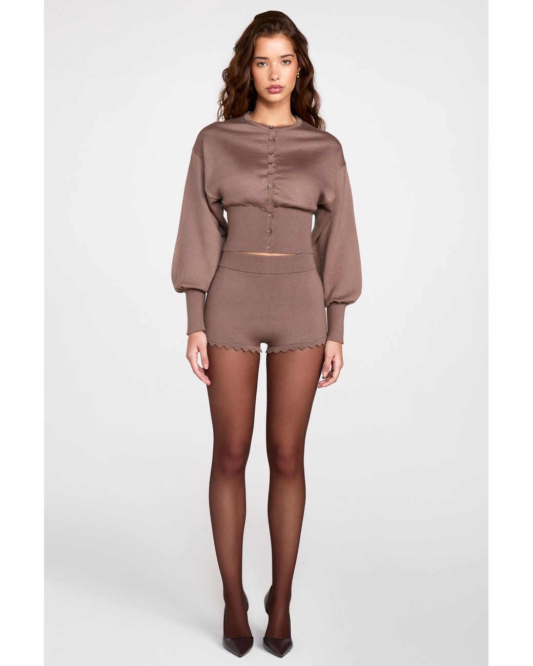 Oh Polly Brown Knit Mid-Rise Mini Shorts