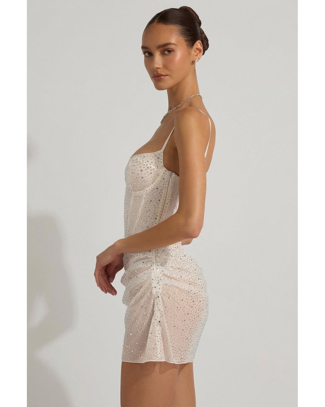 Oh Polly White Semi-Sheer Embellished Draped Corset Mini Dress