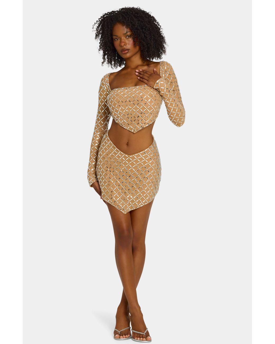 Oh Polly Natural Embellished Asymmetric Mid-Rise Mini Skirt