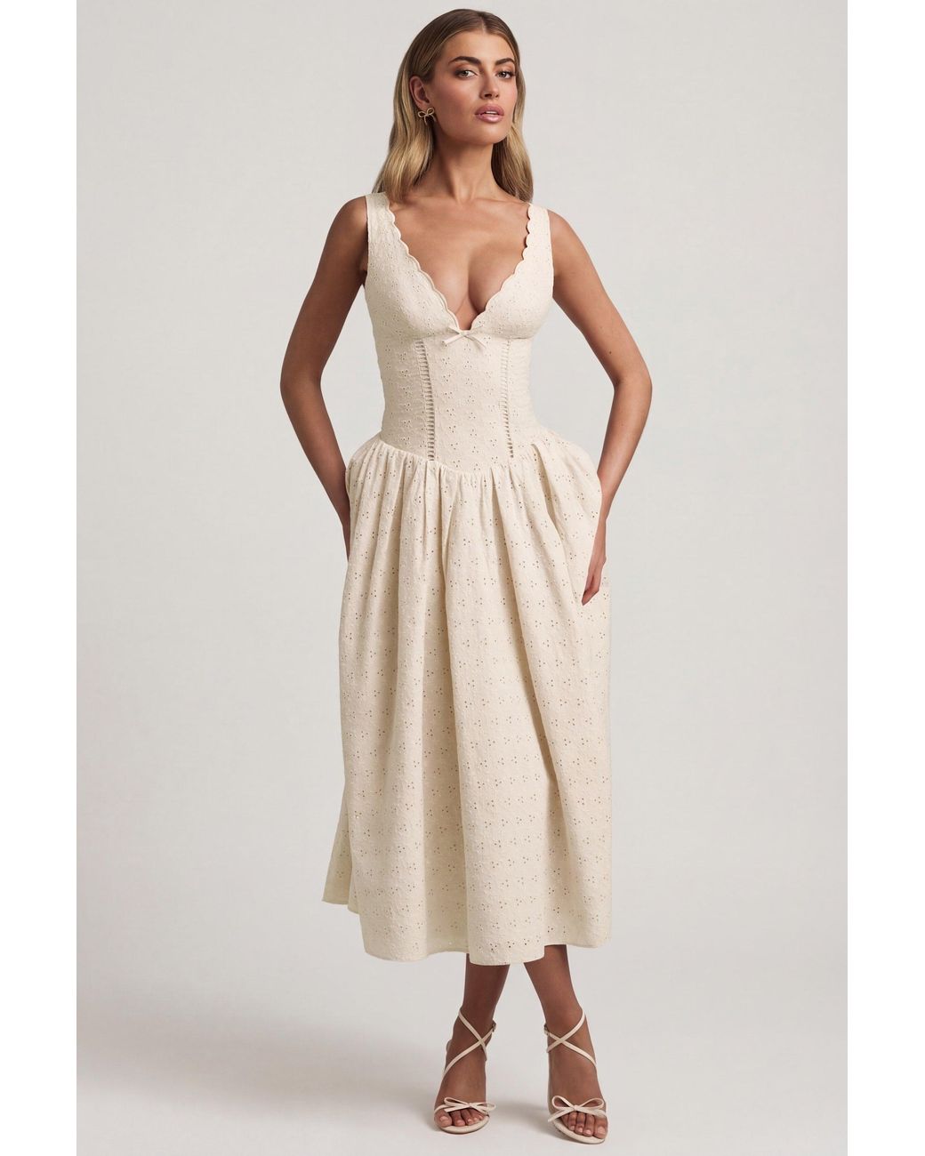 Oh Polly White Broderie Anglaise Bow-Detail A-Line Midaxi Dress