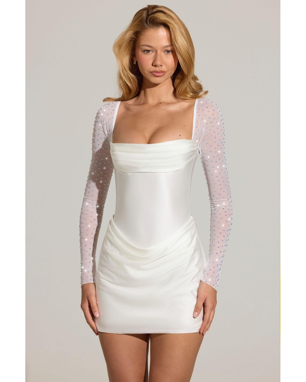 Oh Polly White Embellished Long-Sleeve Draped Mini Dress