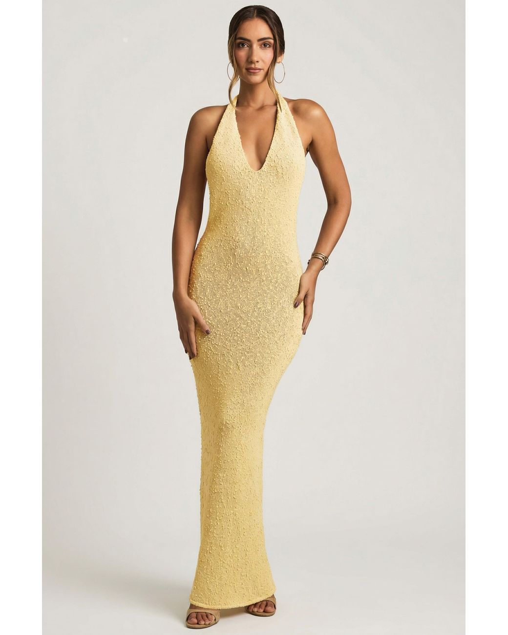 Oh Polly Yellow Bouclé Halterneck Maxi Dress