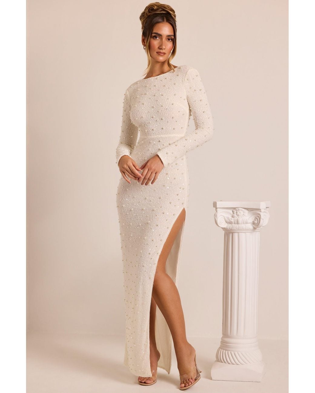 Oh Polly White Embellished Long Sleeve Backless Maxi Dress