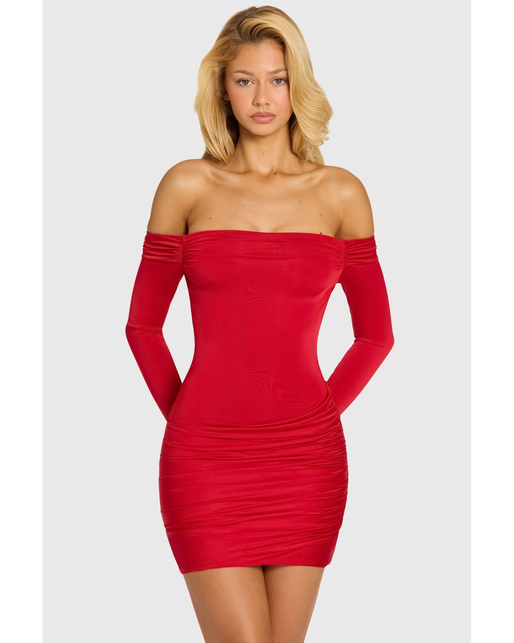 Oh Polly Red Off-Shoulder Long-Sleeve Mini Dress