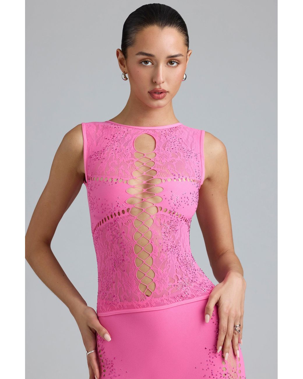 Oh Polly Pink Embellished Lace-Up High-Neck Top