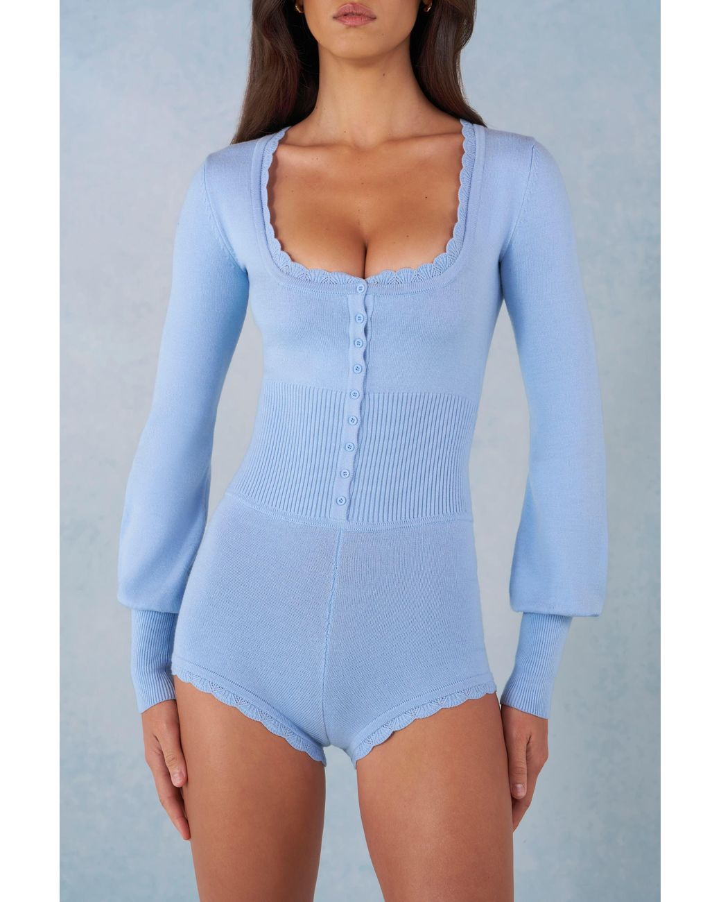 Oh Polly Blue Knit Long-Sleeve Romper